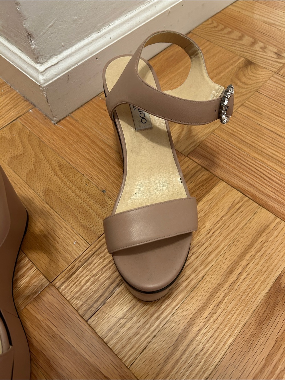 Jimmy Choo Nude Taupe Leather Wedge Sandals with Crystal Buckles - Picture 9 of 13